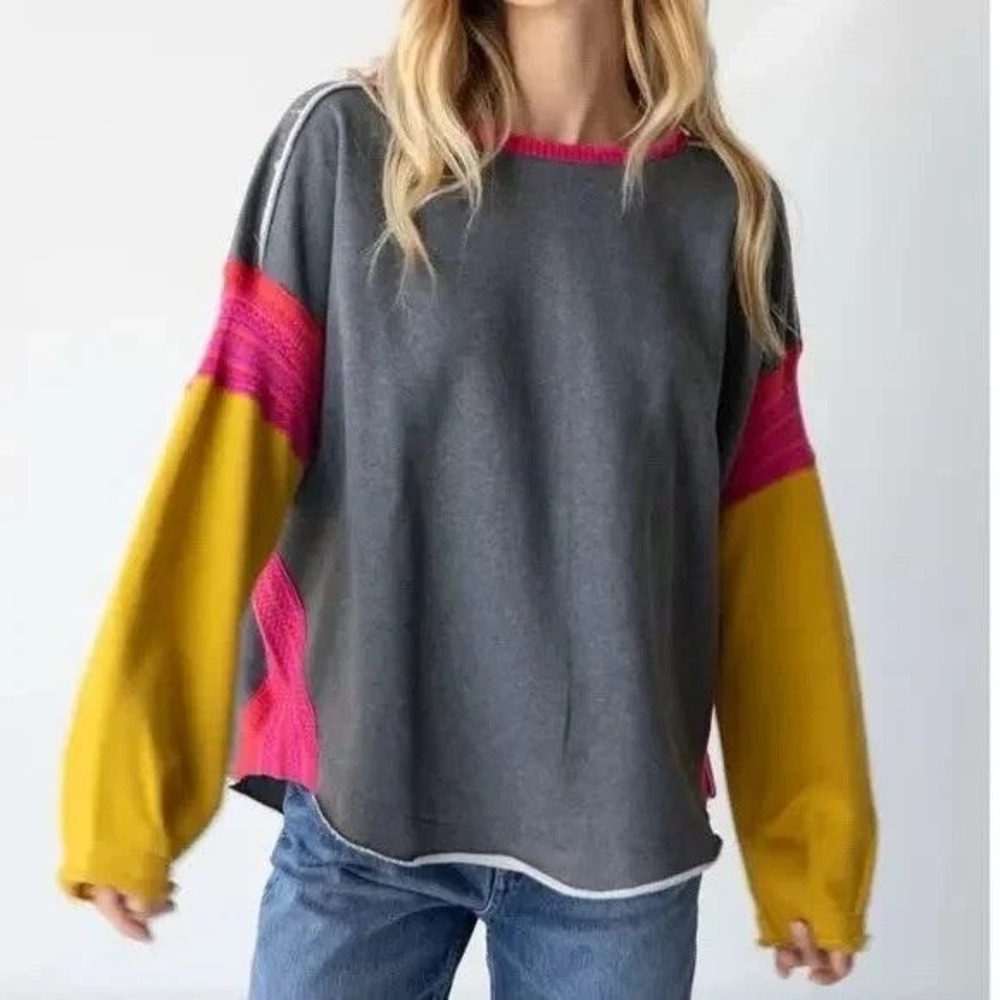 Natural Life Womens Colorblock Sweatshirt Grey Pink Yellow Boho Raw Edge S M‎